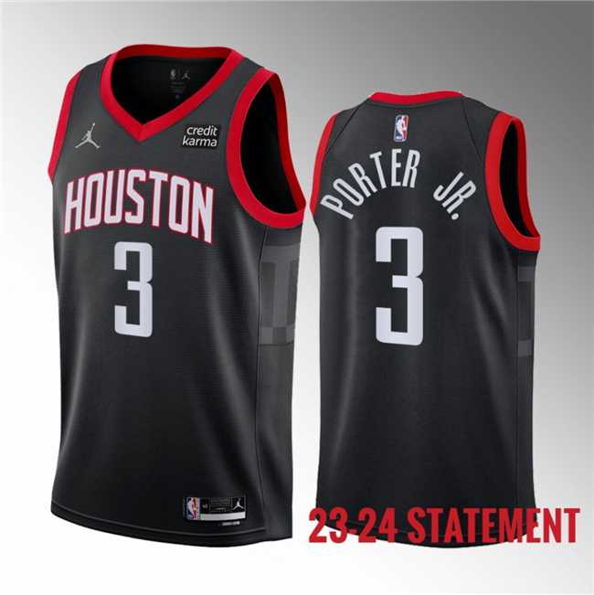 Mens Houston Rockets #3 Kevin Porter Jr. Black 2023 Statement Edition Stitched Basketball Jersey Dzhi